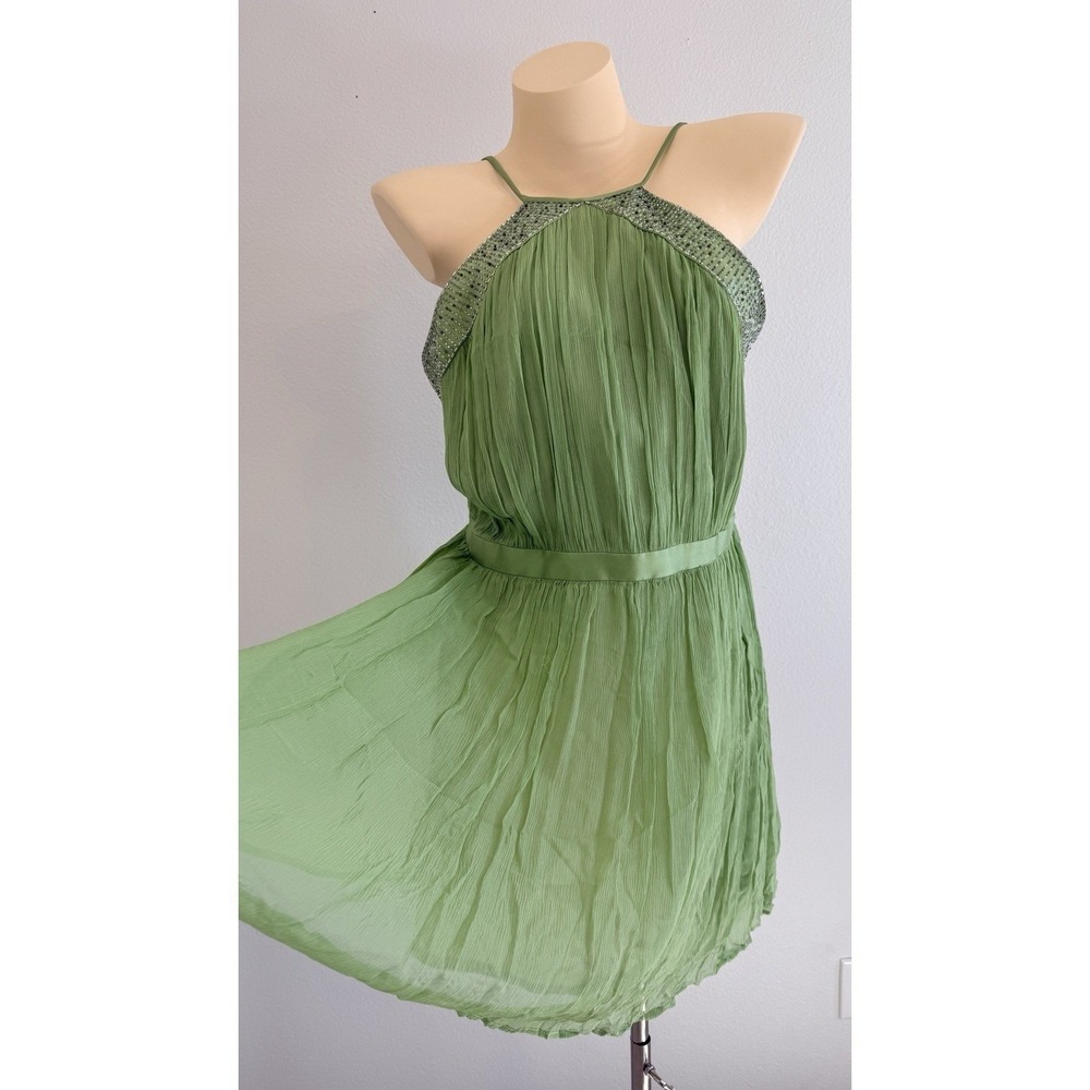 Vintage Silk Green Beaded Fairycore Mini Dress Chiffon Pleated Ethereal Boho
